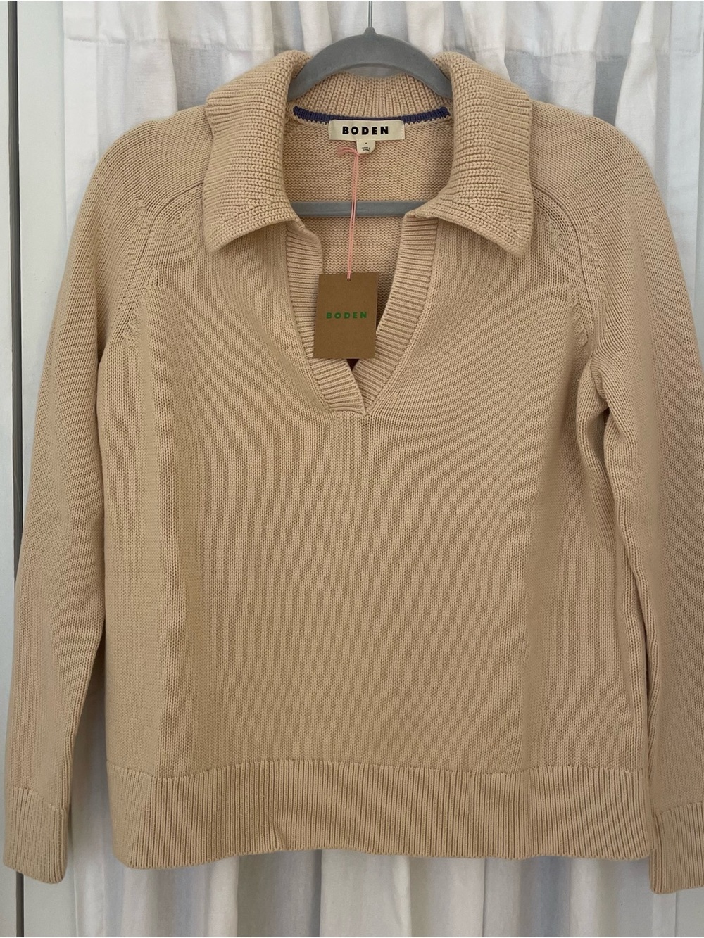 NWT Boden Women's Beige Collared V-Neck Knit Sweater